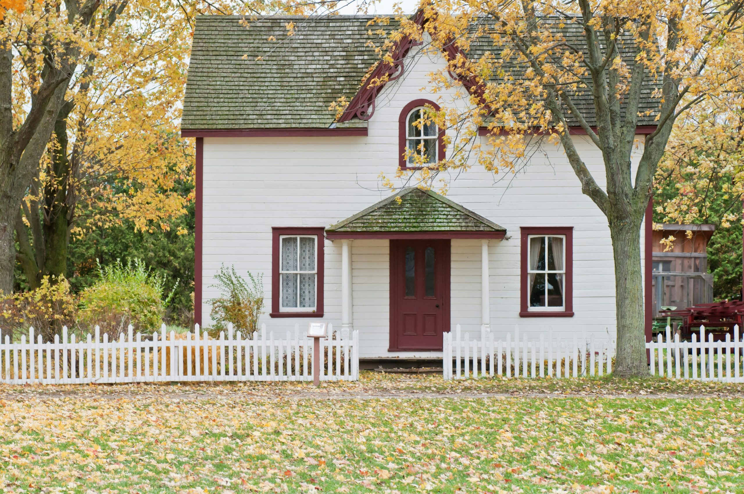 Small white house in front of a forest